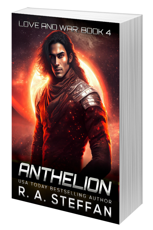 Anthelion Love and War paperback cover, LGBT M/M gay sci-fi romance book