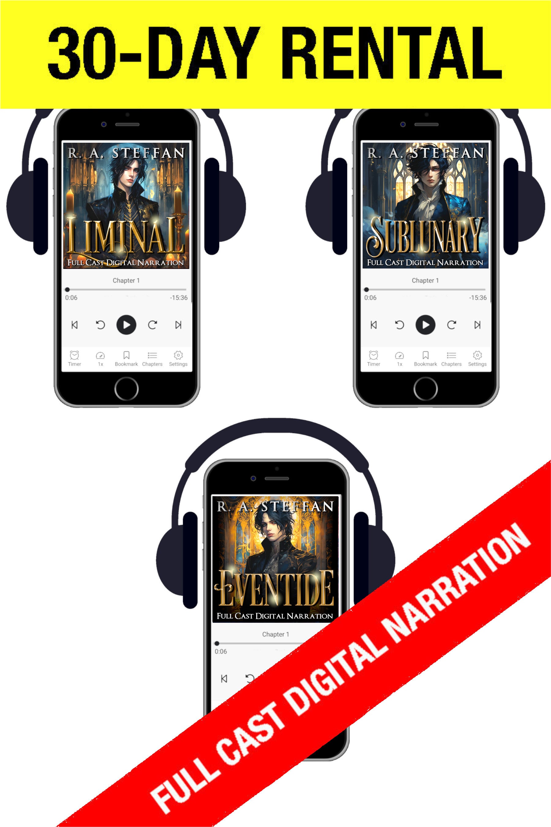 Three audiobook players showing the covers for Liminal, Sublunary, and Eventide