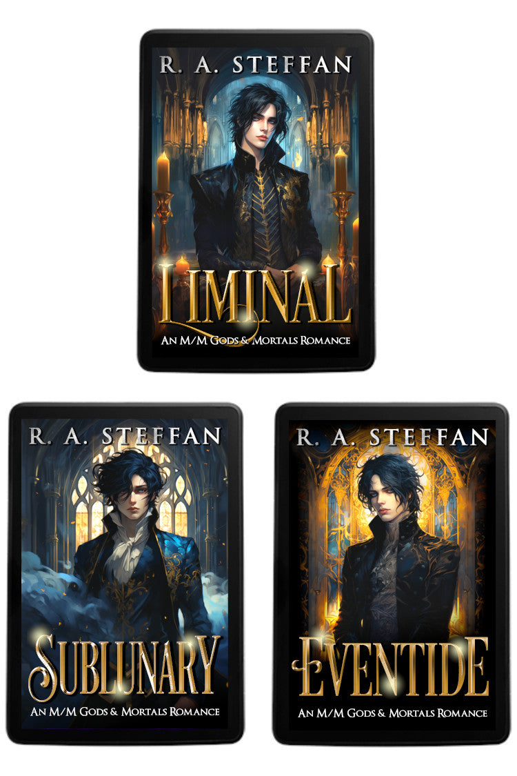 Three ebook readers showing the covers of Liminal, Sublunary, and Eventide