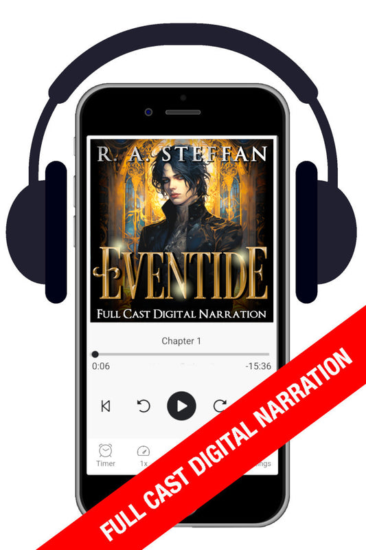 Picture of an audiobook player with the cover of Eventide, a gay fantasy romance audio